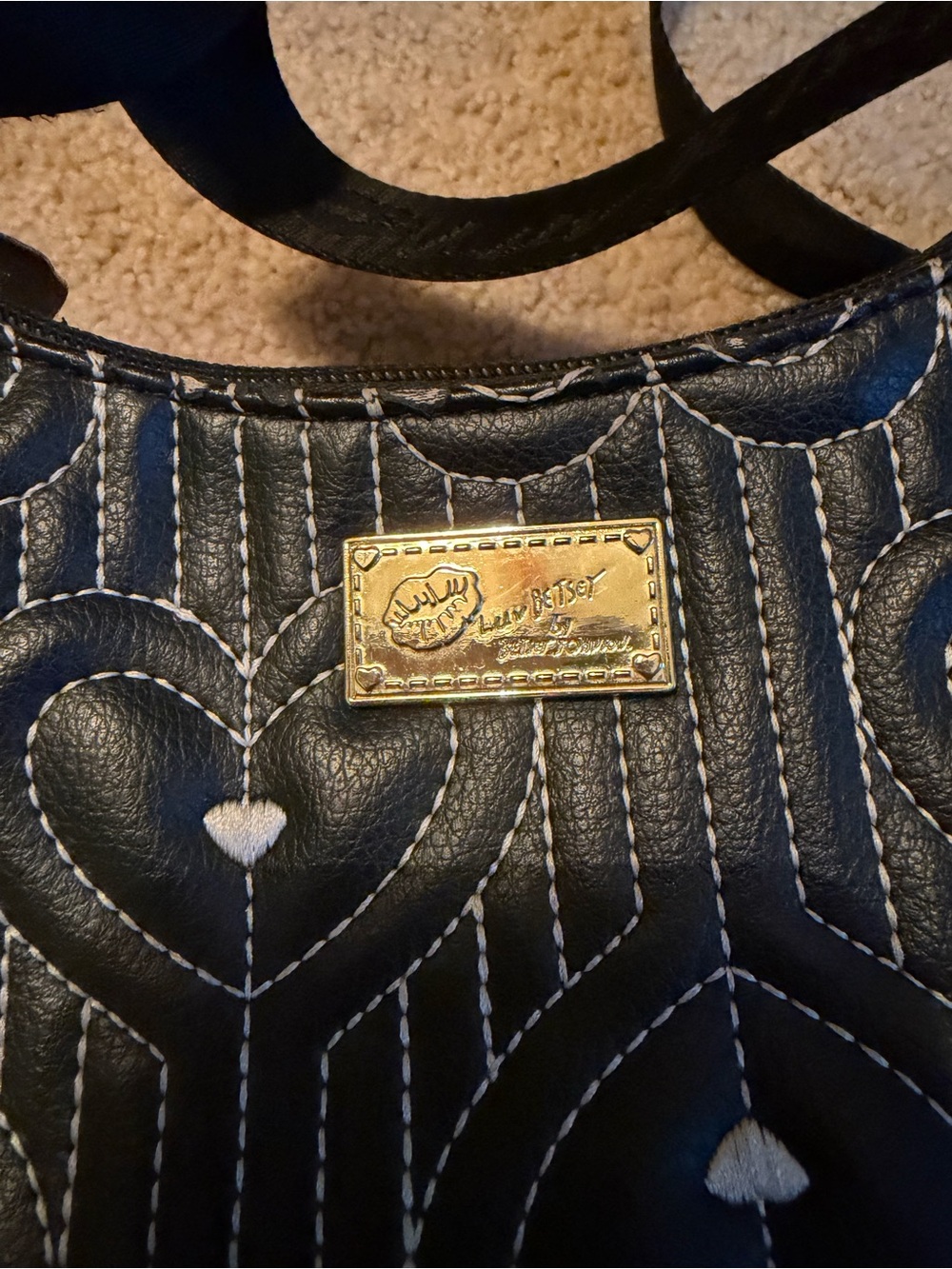 Betsey Johnson Black Quilted Heart Shoulder Bag with Gold Plaque